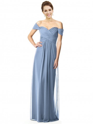 Meilleures Bleu poussiéreux Trapèze Épaule Dénudée Mousseline Longue Robes demoiselle d'honneur