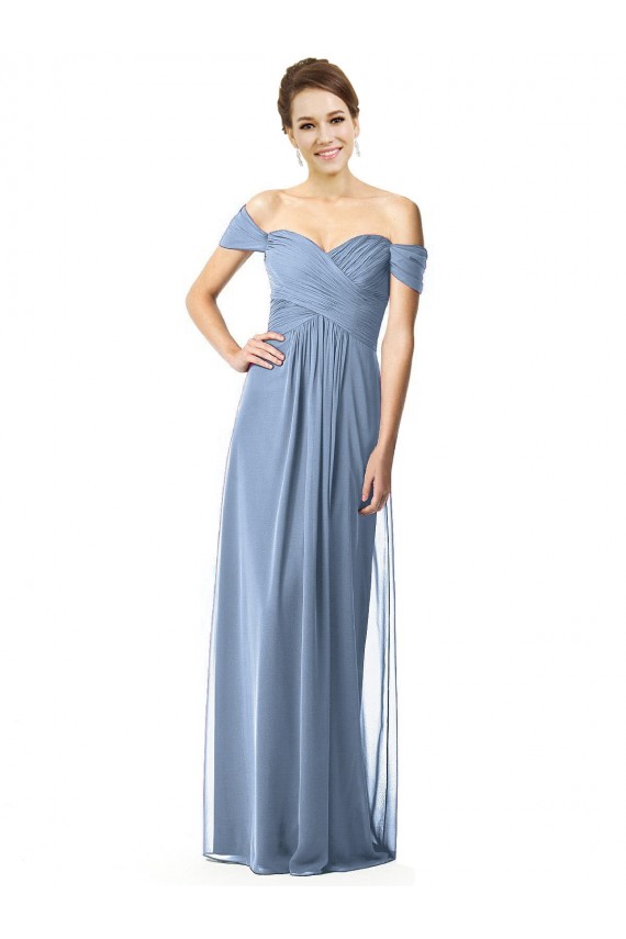 Meilleures Bleu poussiéreux Trapèze Épaule Dénudée Mousseline Longue Robes demoiselle d'honneur