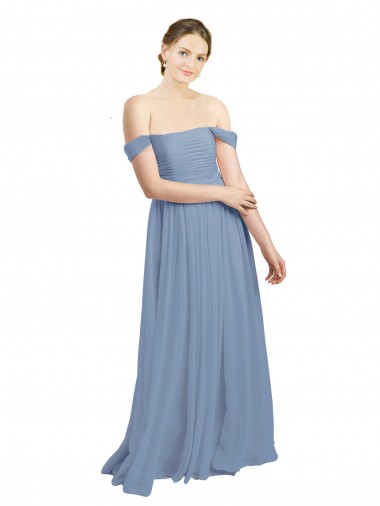 Meilleures Bleu poussiéreux Trapèze Épaule Dénudée Mousseline Longue Robes demoiselle d'honneur