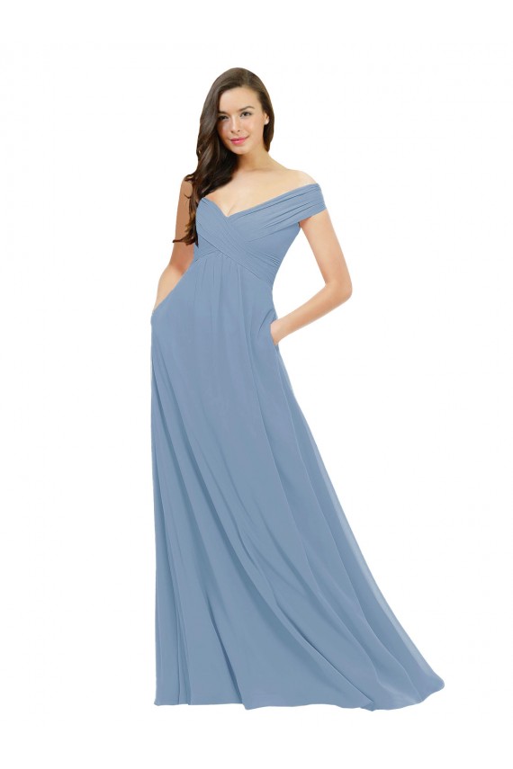 Meilleures Bleu poussiéreux Trapèze Épaule Dénudée Mousseline Longue Robes demoiselle d'honneur
