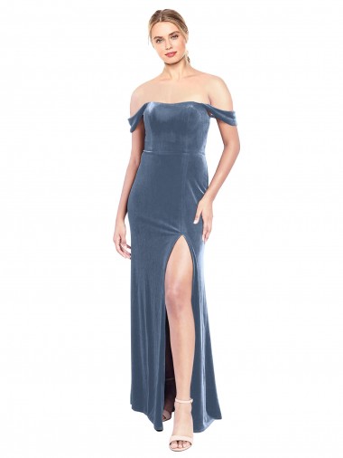 Meilleures Bleu poussiéreux Trapèze Épaule Dénudée Sans bretelle Velours Stretch Longue Robes demoiselle d'honneur / Robes de bal
