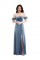 Meilleures Bleu poussiéreux Trapèze Épaule Dénudée Velours Stretch Longue Robes demoiselle d'honneur / Robes de bal