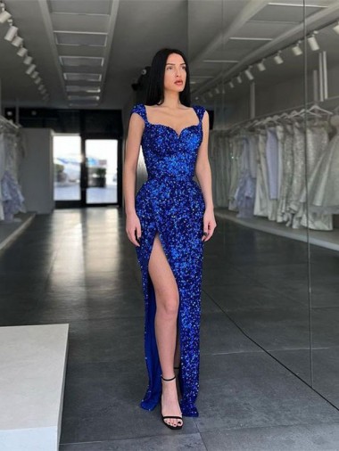 Meilleures Bleu roi Fourreau Bretelles spaghetti Balayage train Paillettes Velours Longue Robes de bal