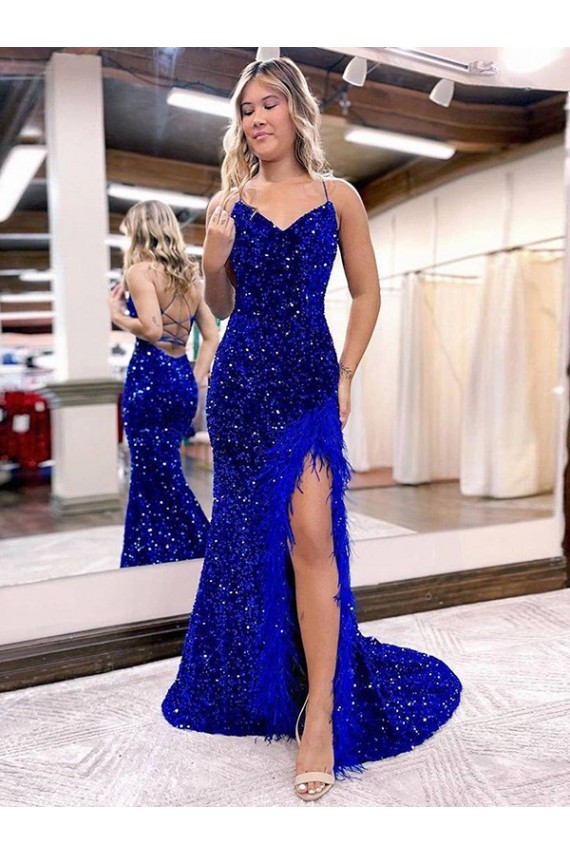 Meilleures Bleu roi Fourreau Col V Balayage train Paillettes Velours Longue Robes de bal