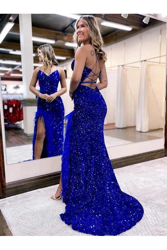 Meilleures Bleu roi Fourreau Col V Balayage train Paillettes Velours Longue Robes de bal