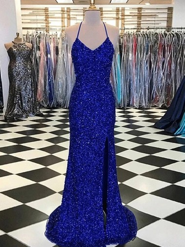 Meilleures Bleu roi Fourreau Col V Balayage train Paillettes Velours Longue Robes de bal