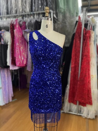Meilleures Bleu roi Fourreau Courte Paillettes Velours Courte Robes de bal