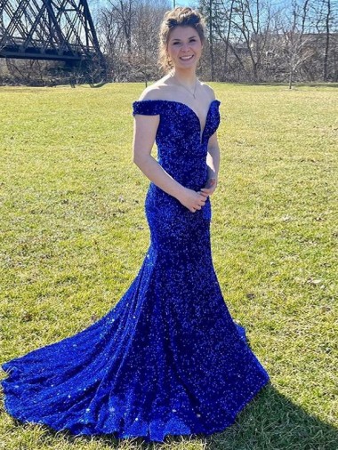 Meilleures Bleu roi Fourreau Épaule Dénudée Balayage train Paillettes Velours Longue Robes de bal