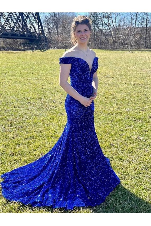 Meilleures Bleu roi Fourreau Épaule Dénudée Balayage train Paillettes Velours Longue Robes de bal