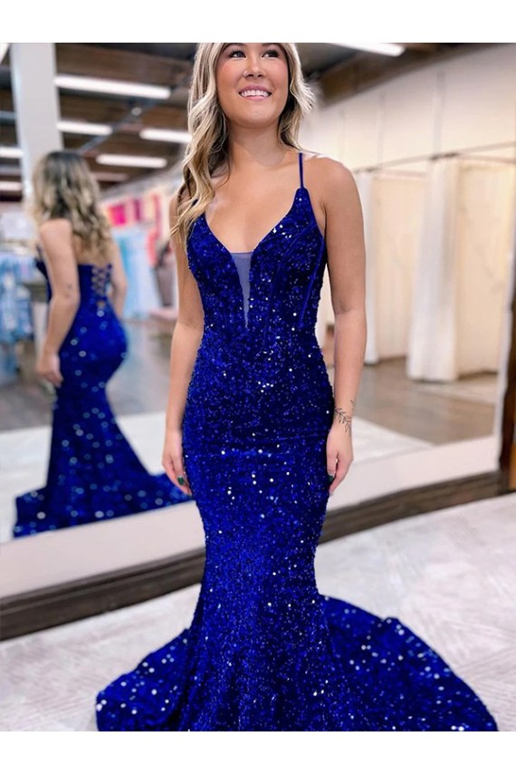 Meilleures Bleu roi Sirène Col V Traîne moyenne Paillettes Velours Longue Robes de bal