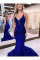 Meilleures Bleu roi Sirène Col V Traîne moyenne Paillettes Velours Longue Robes de bal