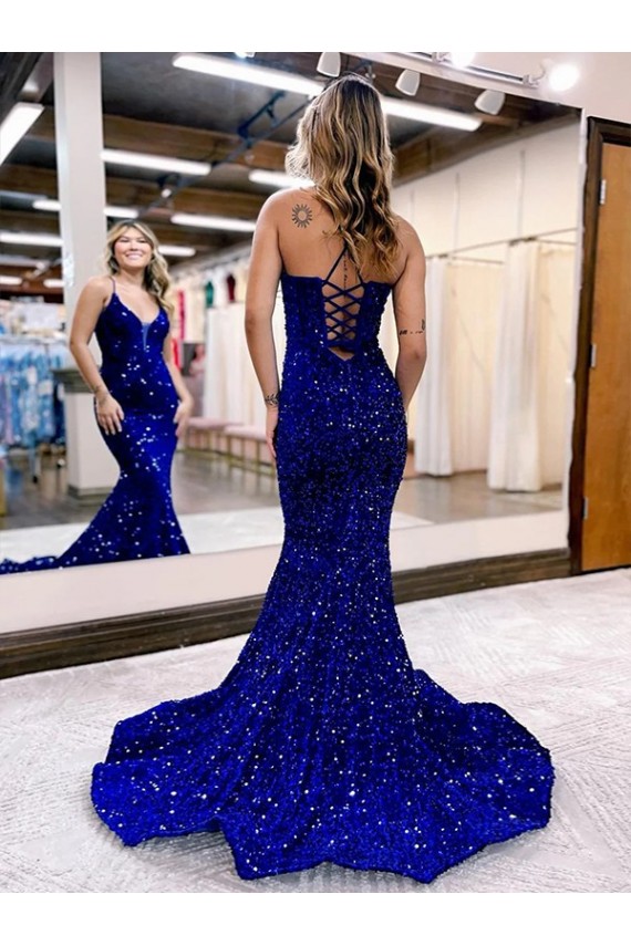 Meilleures Bleu roi Sirène Col V Traîne moyenne Paillettes Velours Longue Robes de bal