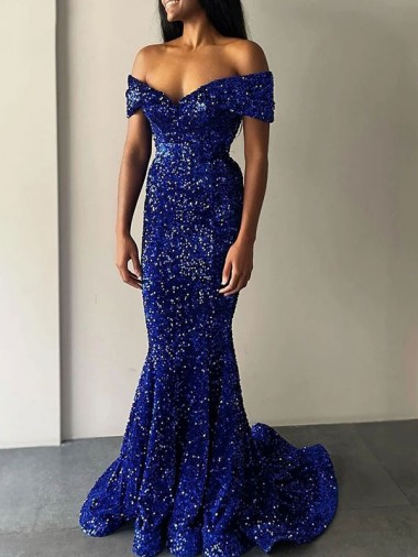 Meilleures Bleu roi Sirène Épaule Dénudée Balayage train Paillettes Velours Longue Robes de bal