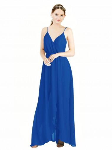Meilleures Bleu roi Trapèze Bretelles spaghetti Col V Mousseline Longue Robes demoiselle d'honneur