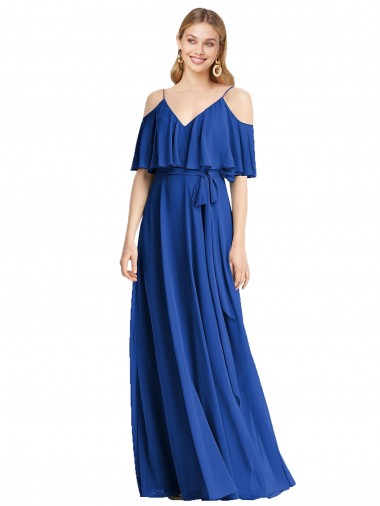 Meilleures Bleu roi Trapèze Bretelles spaghetti Col V Mousseline Longue Robes demoiselle d'honneur