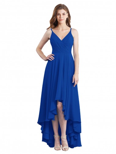 Meilleures Bleu roi Trapèze Bretelles spaghetti Mousseline Longue Asymétrique Robes demoiselle d'honneur