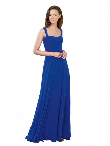 Meilleures Bleu roi Trapèze Col Carré Mousseline Longue Robes demoiselle d'honneur
