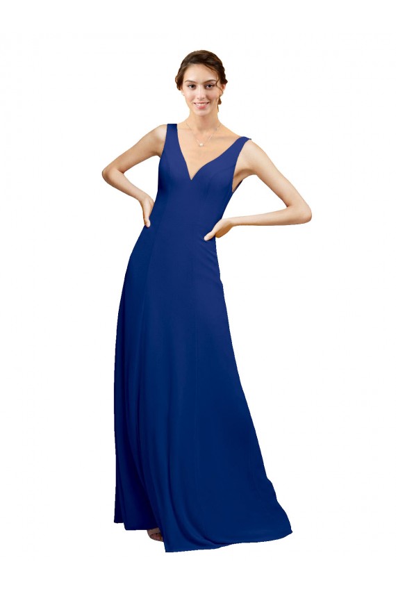 Meilleures Bleu roi Trapèze Col V Mousseline Longue Robes demoiselle d'honneur