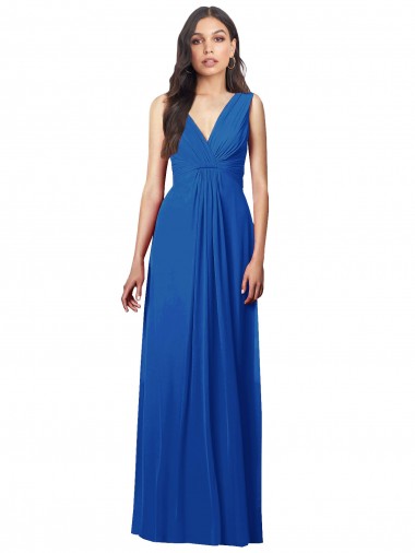 Meilleures Bleu roi Trapèze Col V Mousseline Longue Robes demoiselle d'honneur