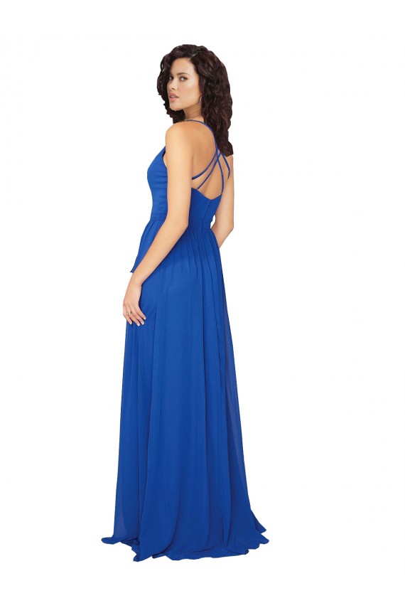Meilleures Bleu roi Trapèze Col V Mousseline Longue Robes demoiselle d'honneur