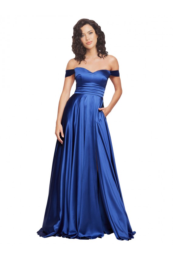 Meilleures Bleu roi Trapèze Épaule Dénudée Balayage train Satiné Stretch Longue Formelles Robes demoiselle d'honneur / Robes de soirée / Robes de bal