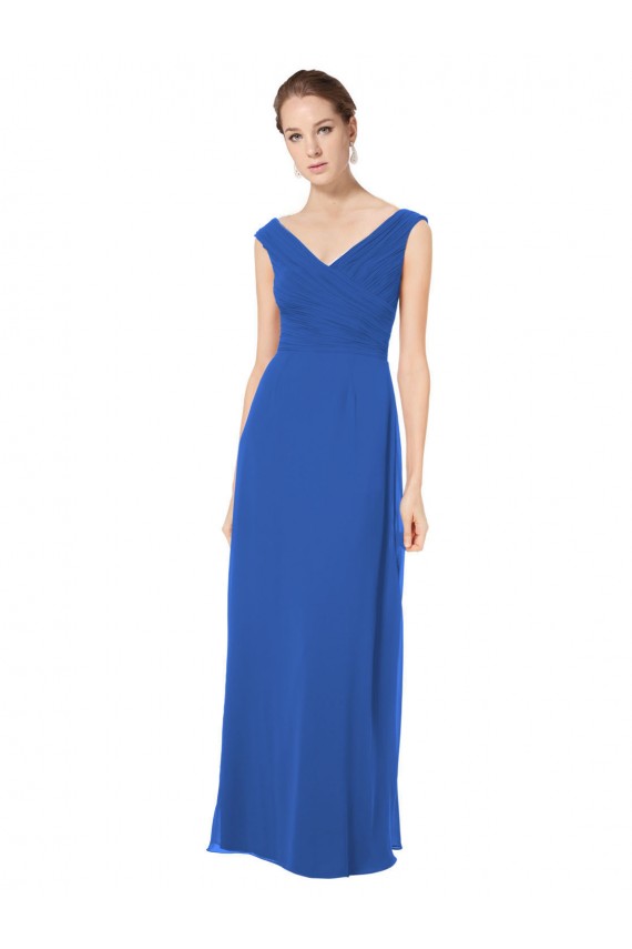 Meilleures Bleu roi Trapèze Épaule Dénudée Col V Mousseline Longue Robes demoiselle d'honneur