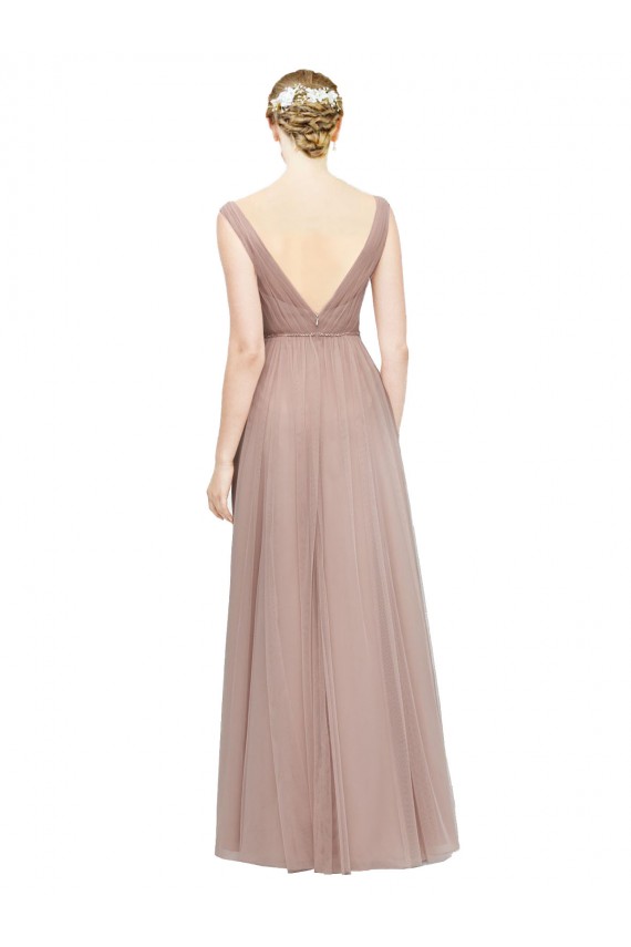 Meilleures Blush Trapèze Col V Tulle Longue Robes demoiselle d'honneur