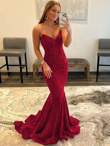Meilleures Bordeaux Fourreau Balayage train Paillettes Velours Longue Robes de bal