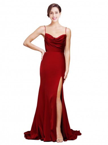 Meilleures Bordeaux Fourreau Bretelles spaghetti Balayage train Satiné Stretch Longue Formelles Robes demoiselle d'honneur / Robes de soirée / Robes de bal