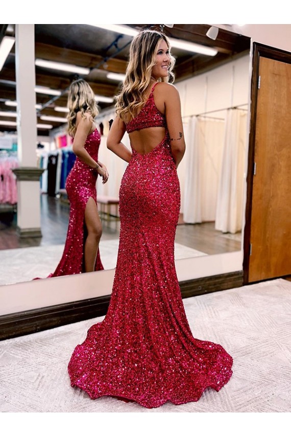 Meilleures Bordeaux Sirène Balayage train Paillettes Velours Longue Robes de bal
