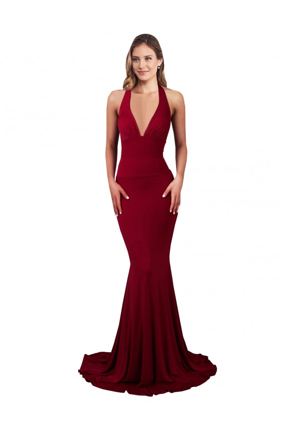 Meilleures Bordeaux Sirène Licou Col V Spandex Longue Formelles Robes demoiselle d'honneur / Robes de soirée / Robes de bal