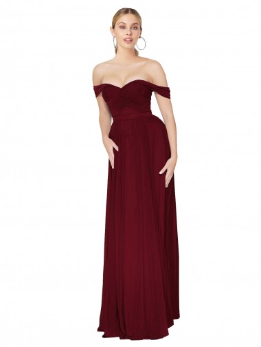 Meilleures Bordeaux Sirène Épaule Dénudée Mousseline Longue Formelles Robes demoiselle d'honneur / Robes de soirée / Robes de bal