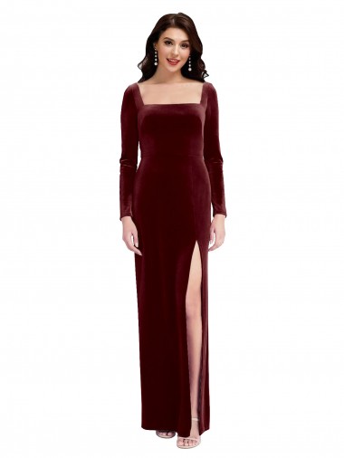 Meilleures Bordeaux Trapèze Bretelles spaghetti Col Carré Velours Stretch Longue Robes demoiselle d'honneur / Robes de bal