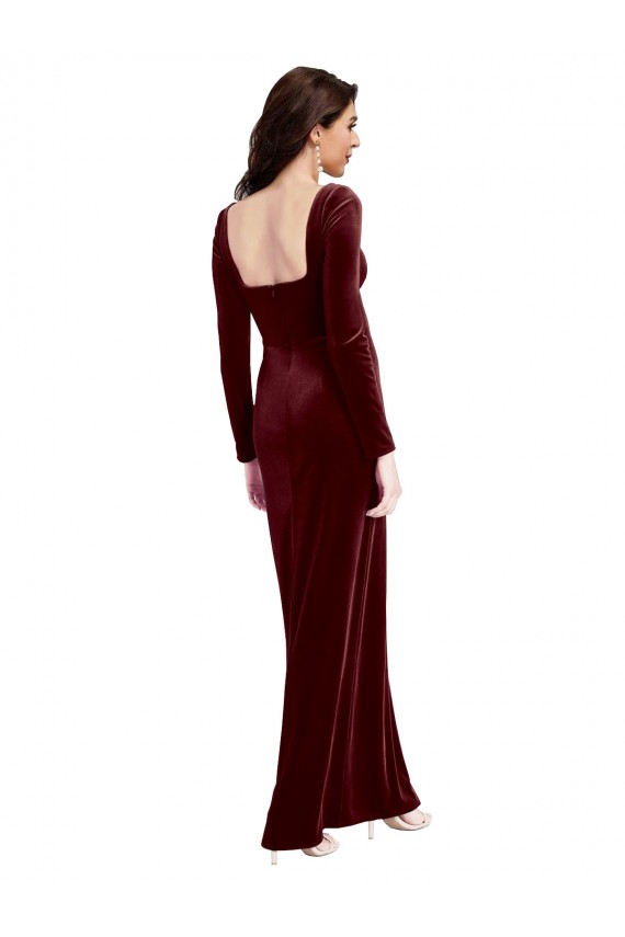 Meilleures Bordeaux Trapèze Bretelles spaghetti Col Carré Velours Stretch Longue Robes demoiselle d'honneur / Robes de bal