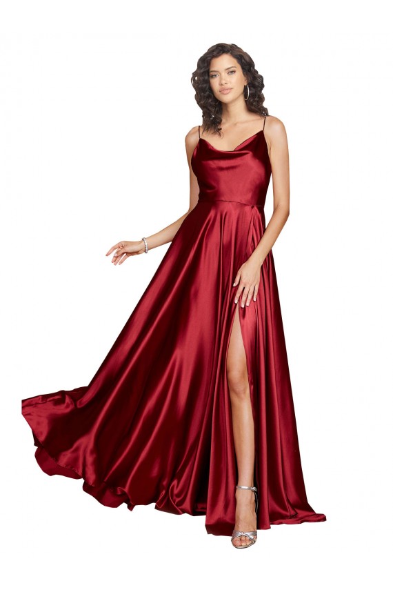 Meilleures Bordeaux Trapèze Bretelles spaghetti Satiné Soyeux Longue Formelles Robes demoiselle d'honneur / Robes de soirée / Robes de bal