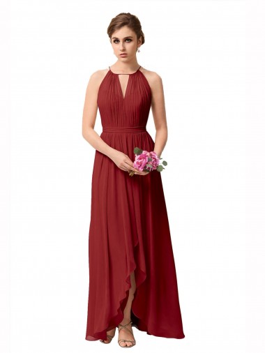 Meilleures Bordeaux Trapèze Col Haut Mousseline Longue Asymétrique Robes demoiselle d'honneur