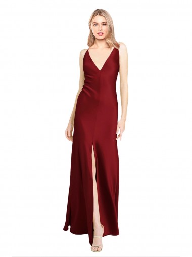 Meilleures Bordeaux Trapèze Col V Satiné Stretch Longue Formelles Robes demoiselle d'honneur / Robes de soirée / Robes de bal