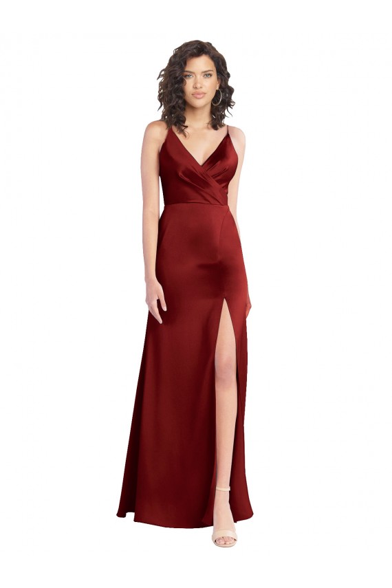 Meilleures Bordeaux Trapèze Col V Satiné Stretch Longue Formelles Robes demoiselle d'honneur / Robes de soirée / Robes de bal