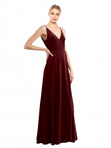 Meilleures Bordeaux Trapèze Col V Velours Stretch Longue Formelles Robes demoiselle d'honneur / Robes de soirée / Robes de bal