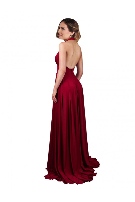 Meilleures Bordeaux Trapèze Licou Col V Spandex Longue Formelles Robes demoiselle d'honneur / Robes de soirée / Robes de bal