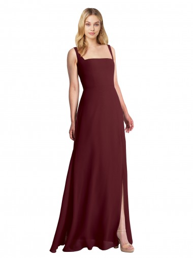 Meilleures Bordeaux foncé Trapèze Col Carré Mousseline Longue Robes demoiselle d'honneur