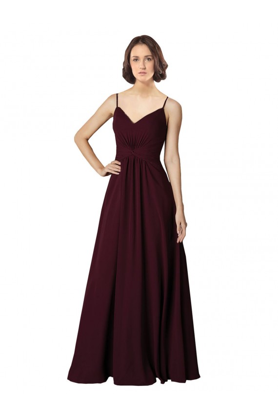Meilleures Bordeaux foncé Trapèze Col V Mousseline Longue Robes demoiselle d'honneur