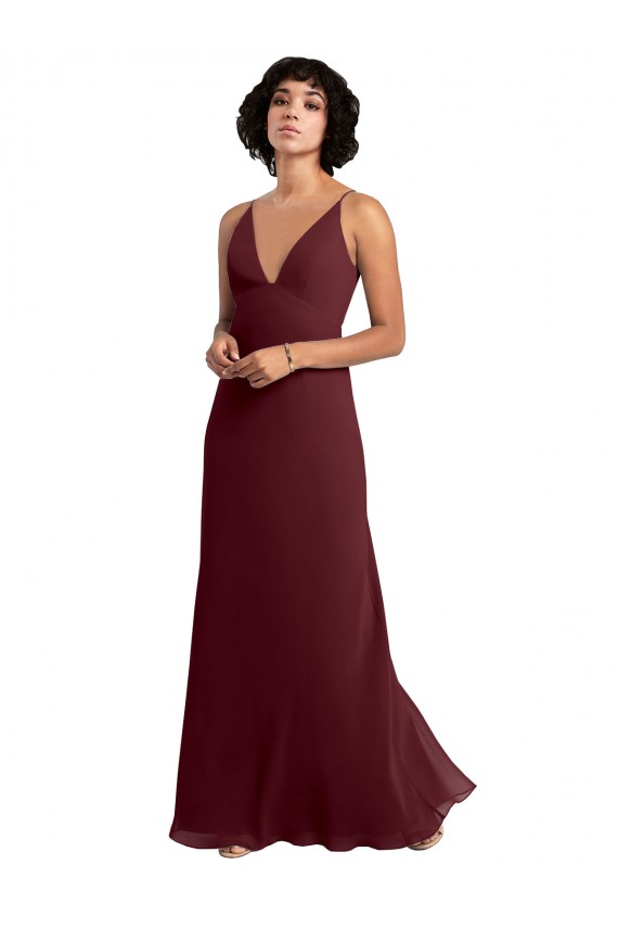 Meilleures Bordeaux foncé Trapèze Col V Mousseline Longue Robes demoiselle d'honneur