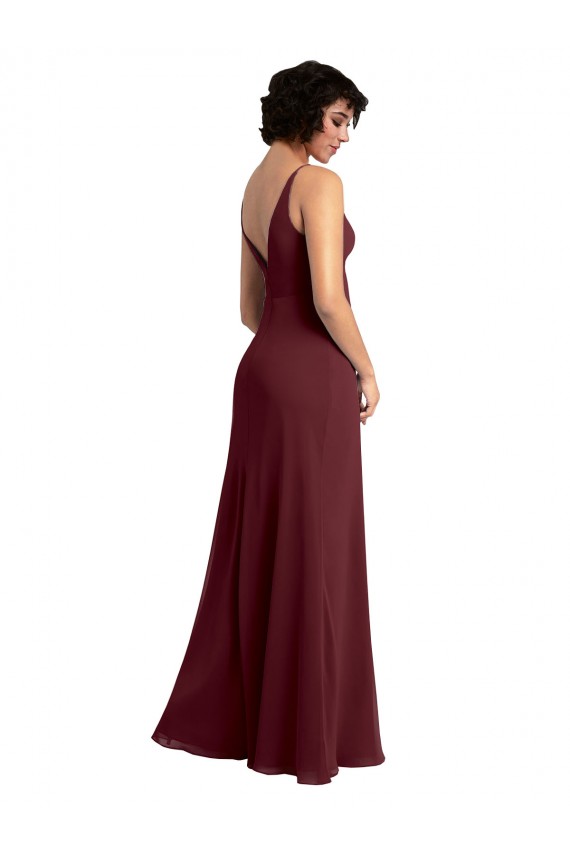Meilleures Bordeaux foncé Trapèze Col V Mousseline Longue Robes demoiselle d'honneur