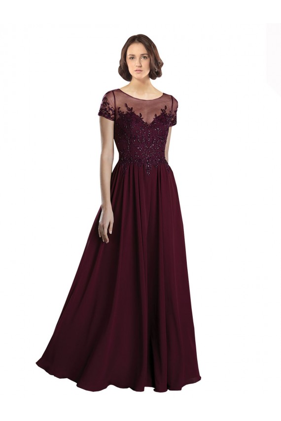 Meilleures Bordeaux foncé Trapèze Col bijou Tulle Mousseline Longue Robes demoiselle d'honneur
