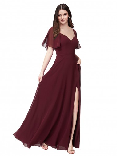 Meilleures Bordeaux foncé Trapèze Mousseline Longue Robes demoiselle d'honneur