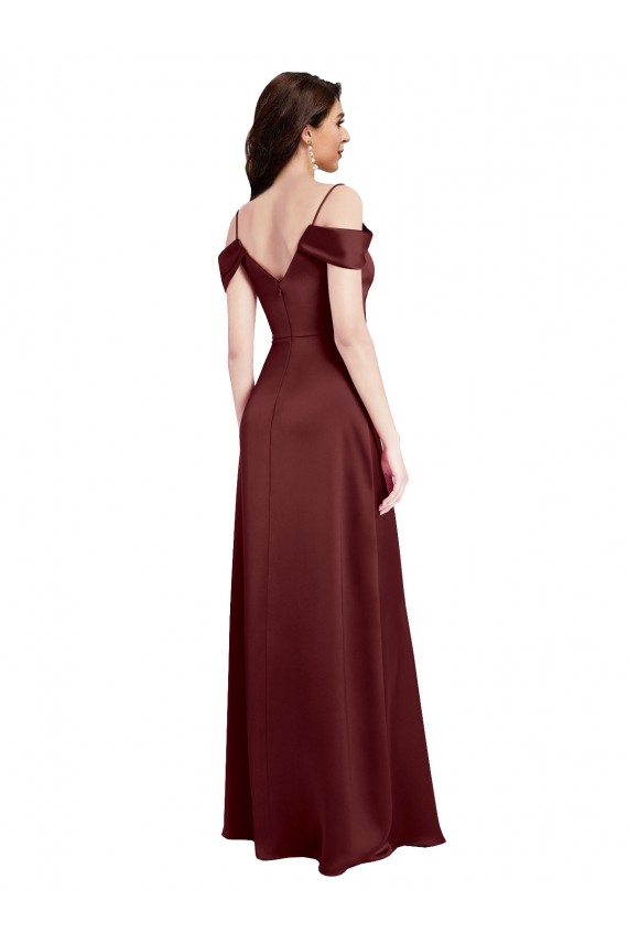Meilleures Bordeaux foncé Trapèze Épaule Dénudée Col V Satiné Stretch Longue Formelles Robes demoiselle d'honneur / Robes de soirée / Robes de bal