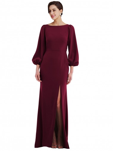 Meilleures Bordeaux foncé Trompette Bateau Crêpe Stretch Longue Formelles Robes demoiselle d'honneur / Robes de soirée / Robes de bal