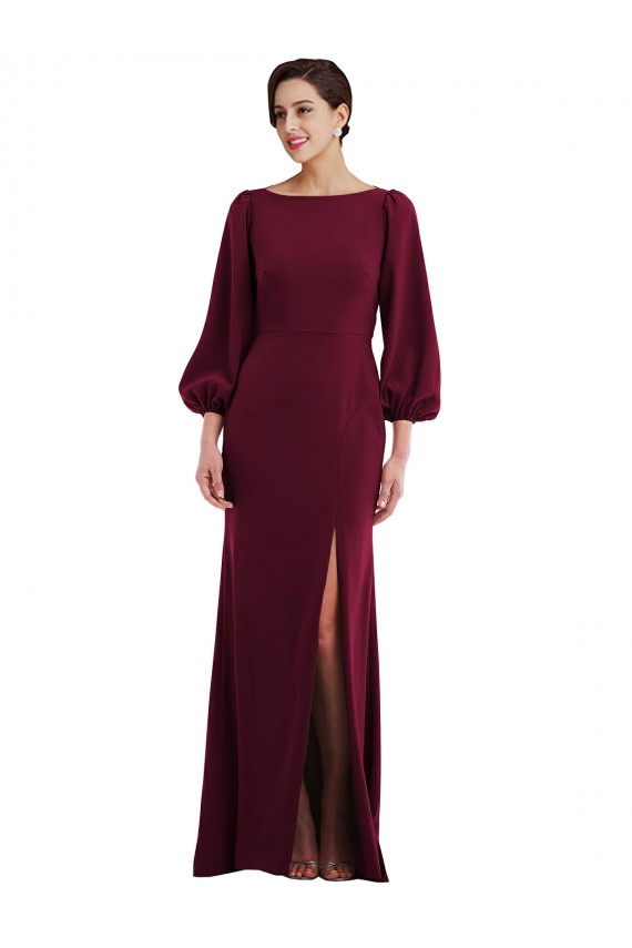 Meilleures Bordeaux foncé Trompette Bateau Crêpe Stretch Longue Formelles Robes demoiselle d'honneur / Robes de soirée / Robes de bal