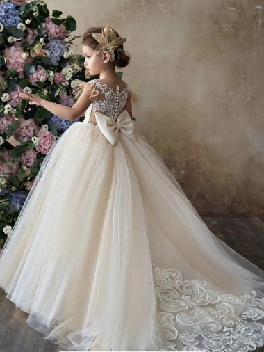 Meilleures Champagne Princesse Tulle Dentelle Longue Robes de demoiselle d'honneur - fillette